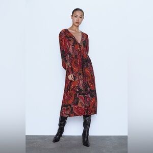 NWT ZARA Women’s Red Black Multi Paisley Print Button Midi Dress XS X-Small